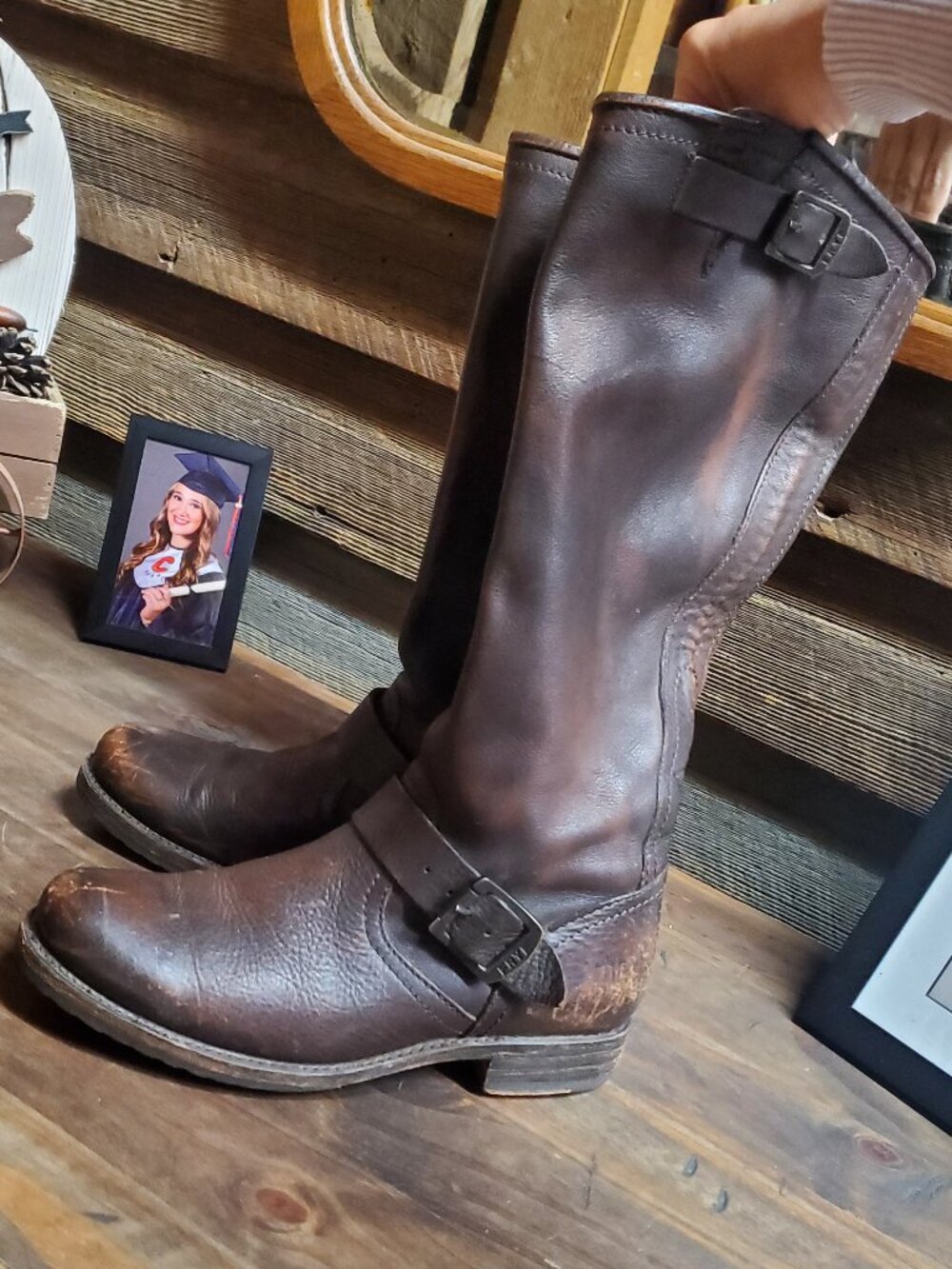 FRYE Veronica Slouch Tall Leather Moto Boots Dark Brown Buckle - EUC